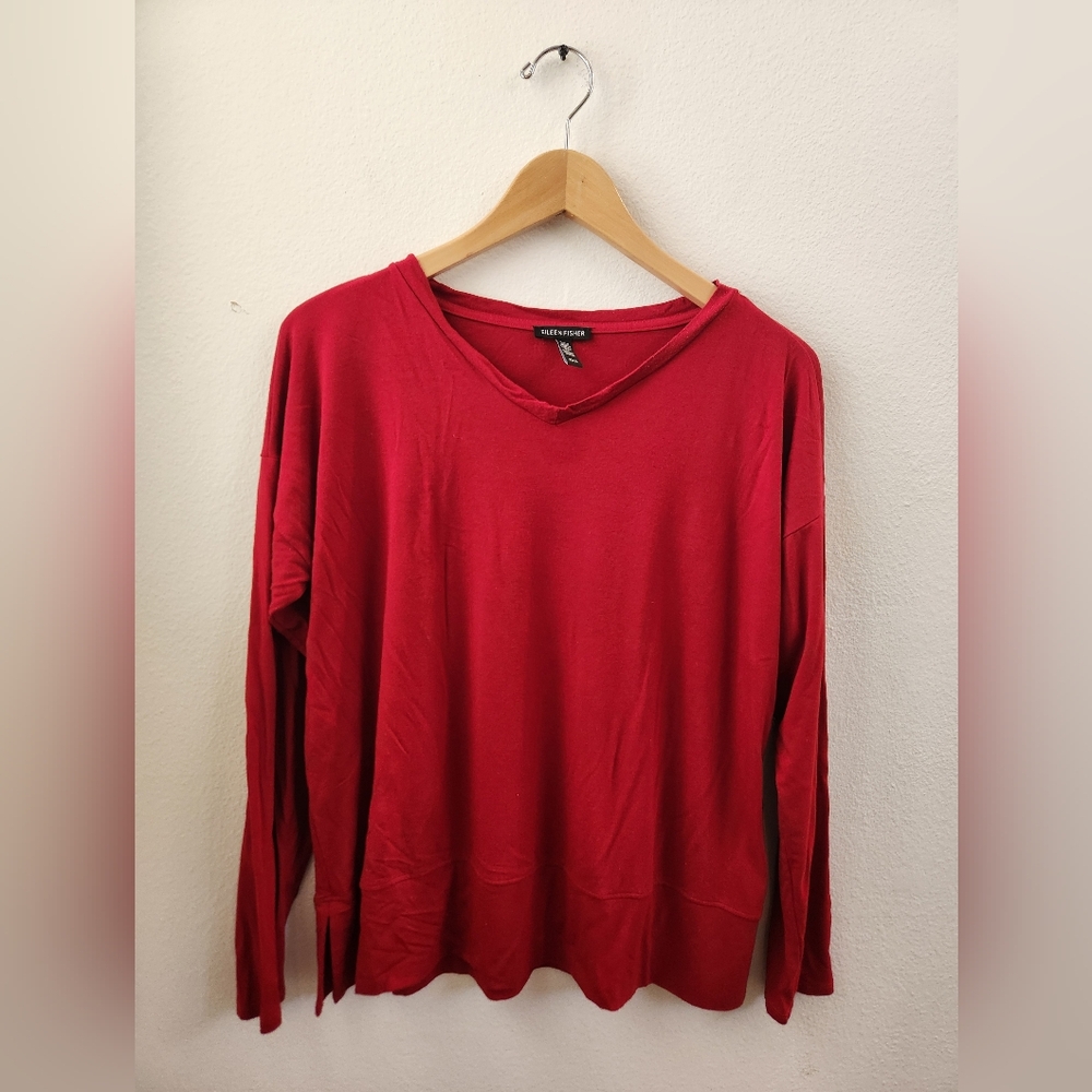 Eileen Fisher Shirt V-Neck Long Sleeve Boxy Tee Shirt‎ Oversized Cranberry Small